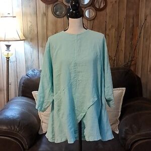 Mosaic USA Women's Big Pocket 3/4 Sleeve Linen Light Teal Tunic Top Size M